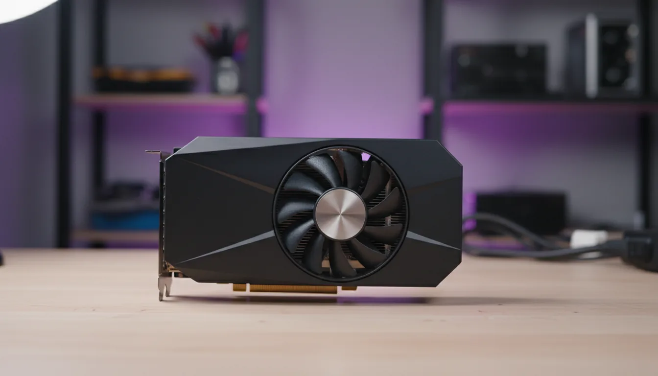 DSLR close-up photograph of a modern, high-end PC graphics card on a light wood desk. The GPU has a sleek matte black shroud with angular geometric details and a large cooling fan with a brushed metal center. Soft studio lighting highlights the textures of the black plastic and metal, with subtle purple ambient light in the background. A shallow depth of field creates a strong bokeh effect, blurring the tech workshop shelves behind it.