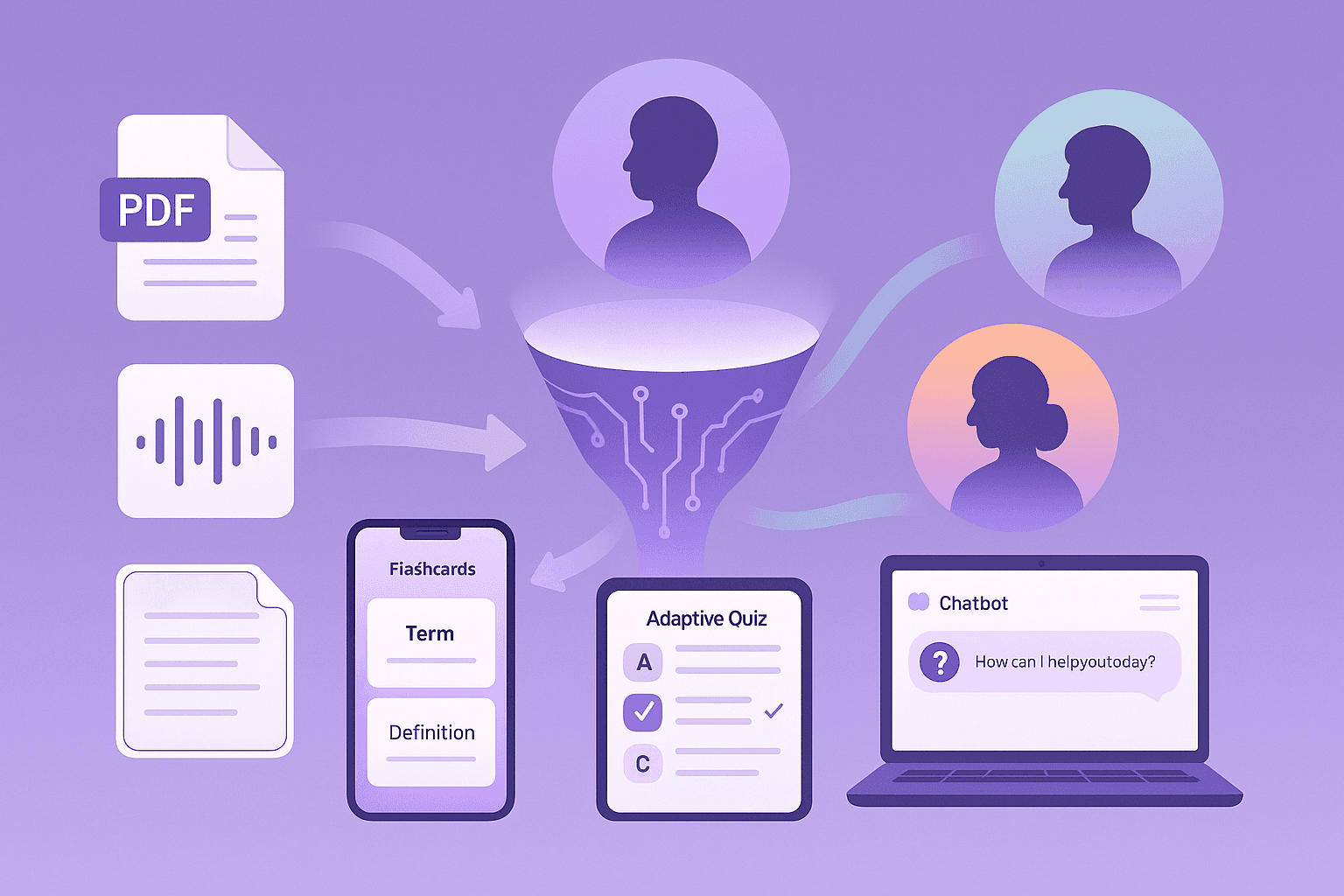 AI funnel turning PDFs and lectures into flashcards, quizzes, and tutoring tailored for diverse learners