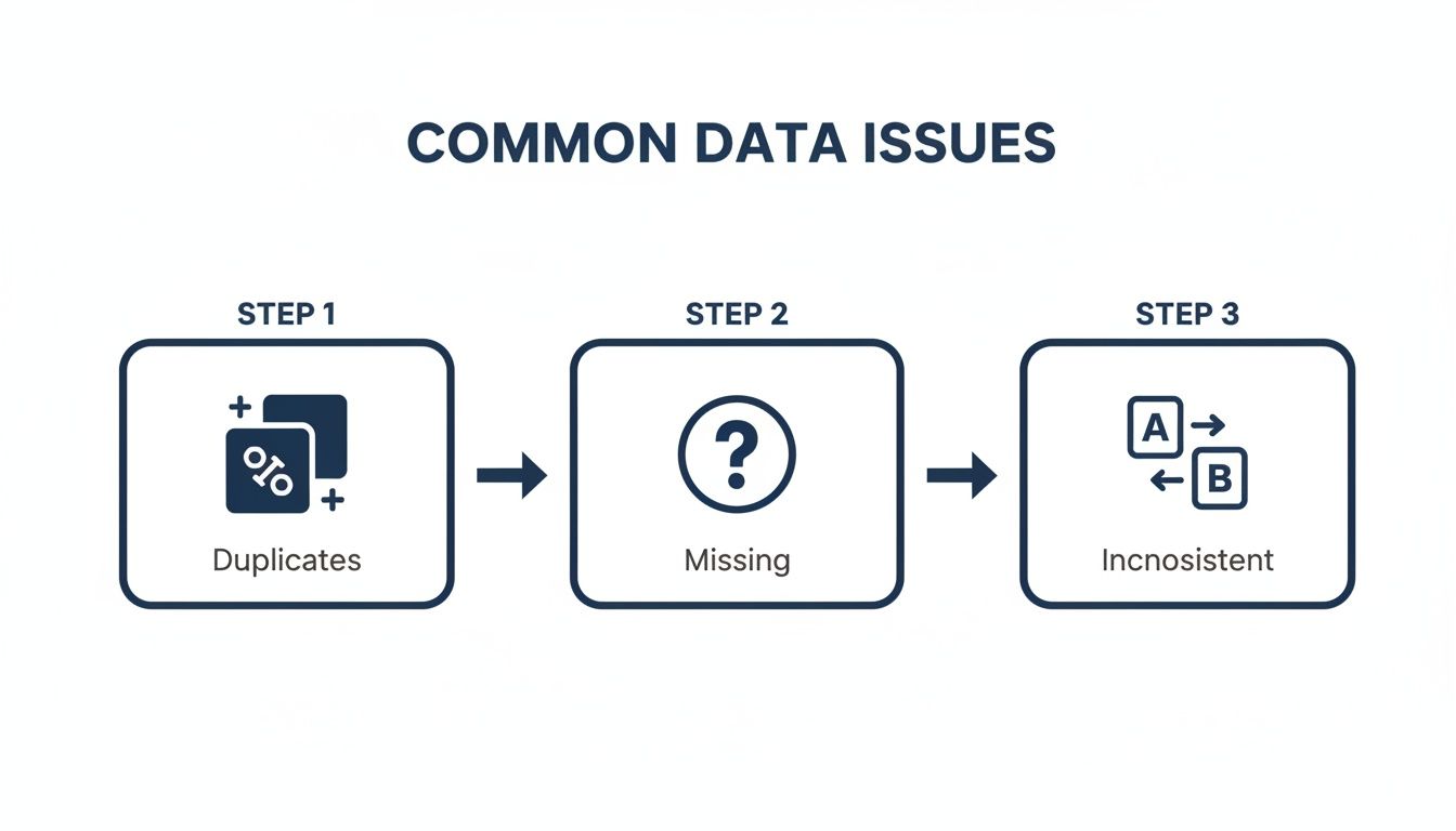 A three-step infographic showing common data issues: duplicates, missing data, and inconsistent entries.
