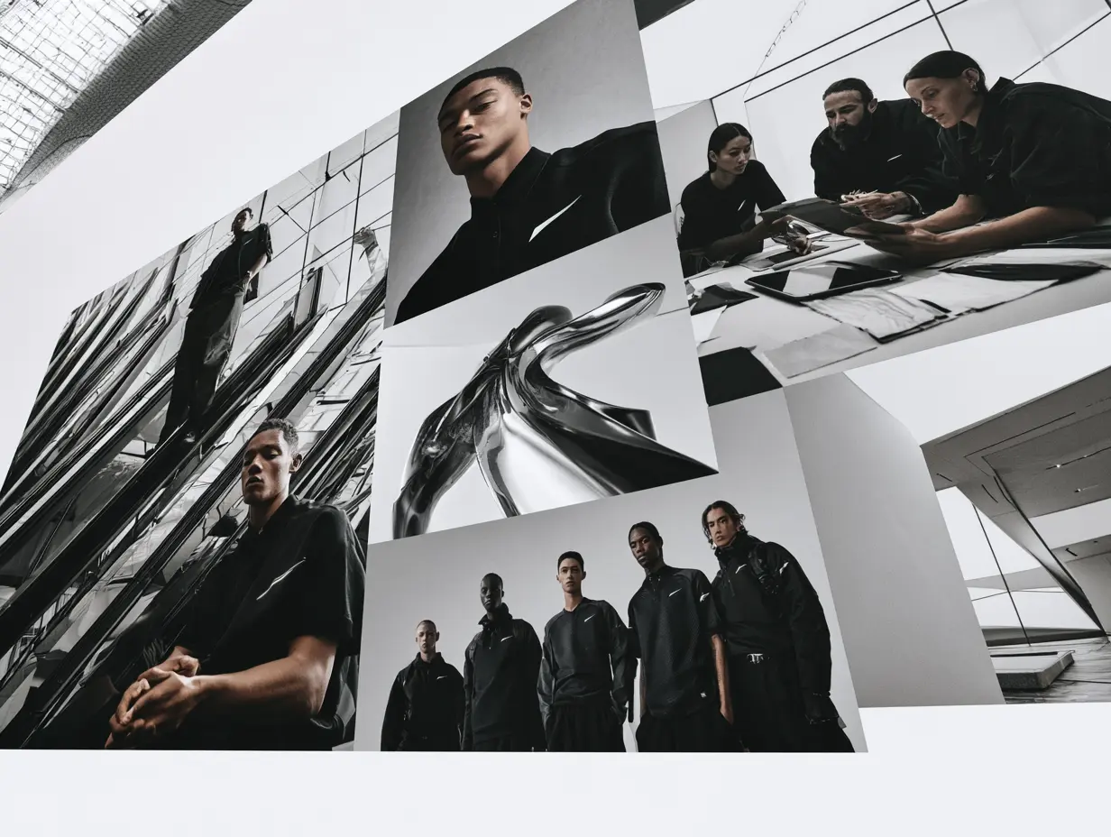 Black and white editorial collage wall of a sportswear campaign with models in black activewear and a chrome sculpture, premium lifestyle fashion