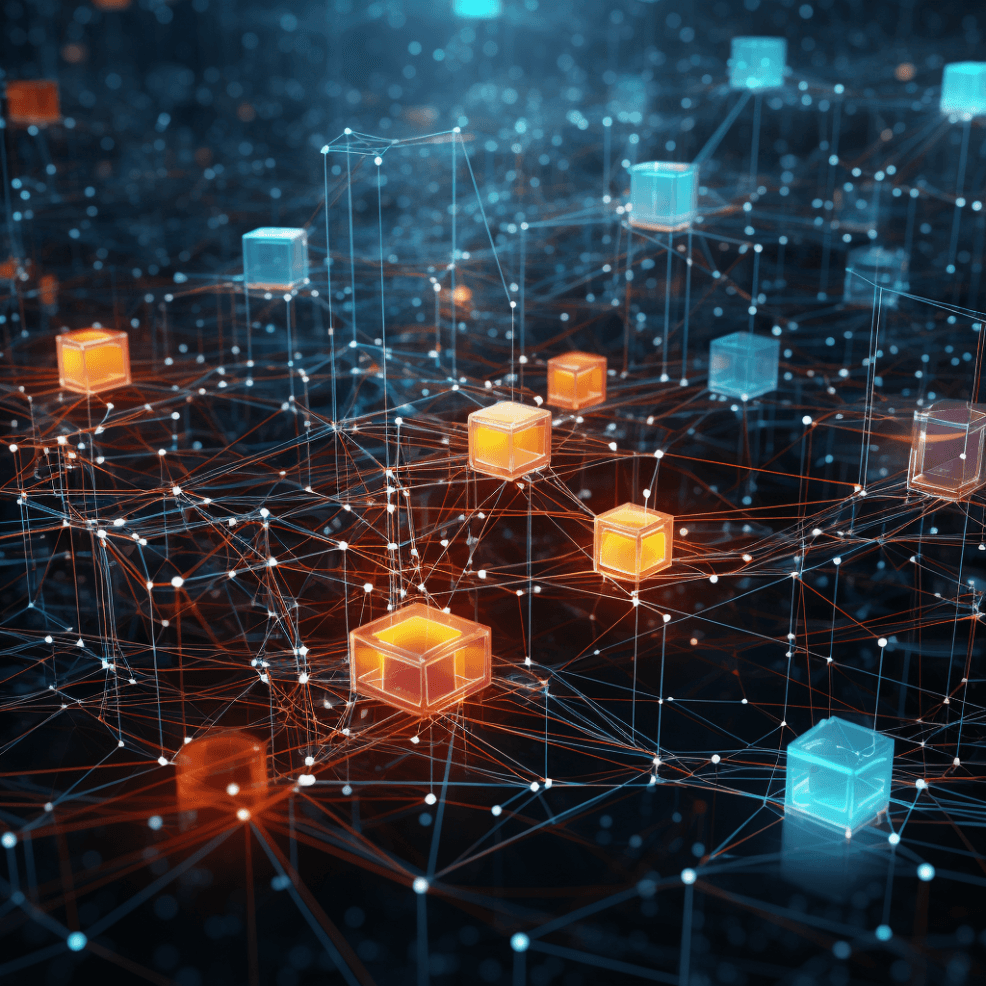 Digital illustration of a complex network with interconnected lines and glowing nodes, featuring 3D cubes with various bright colors like orange and blue, representing a blockchain network or advanced data structure concept.