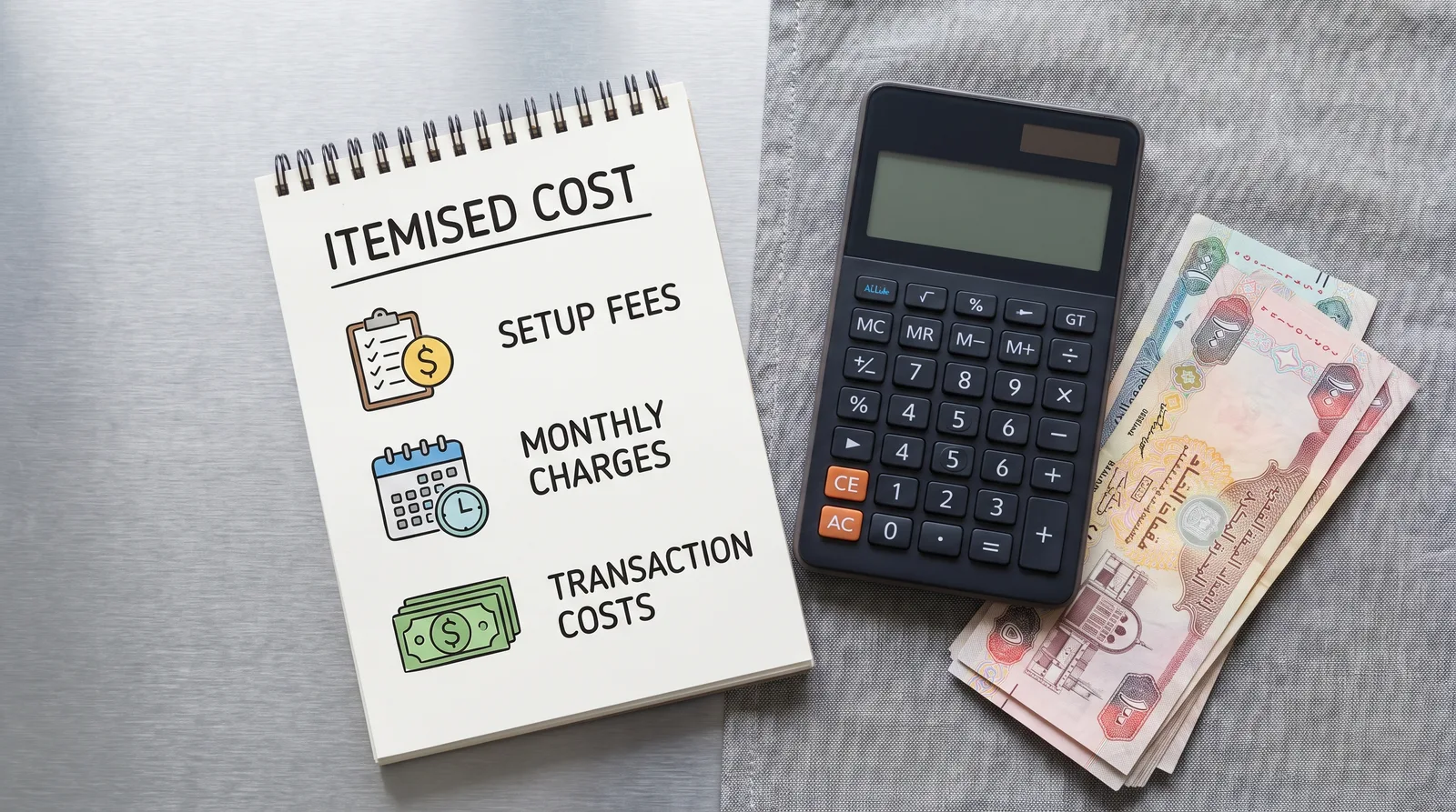 Business bank account cost Dubai shown as a first year fee breakdown