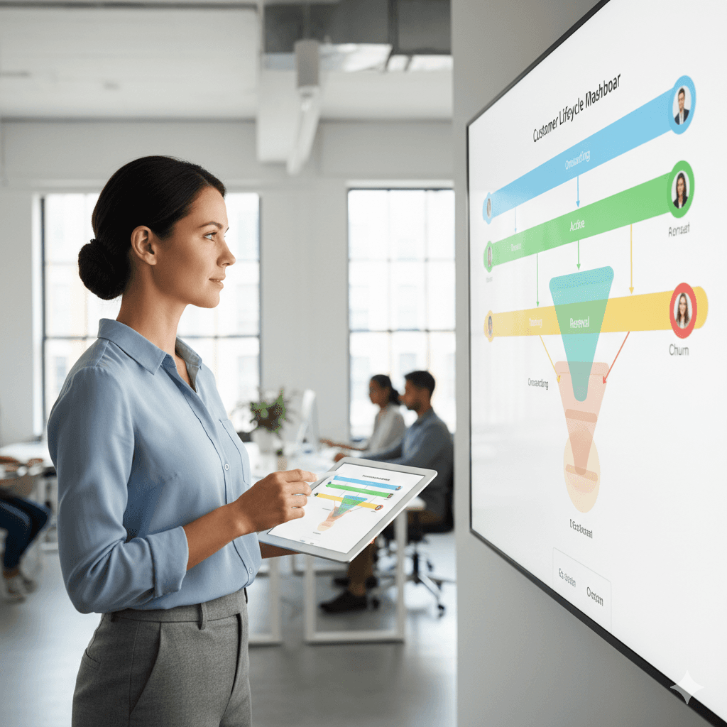 Customer success or marketing person looking at a customer lifecycle dashboard, with stages like onboarding, active, renewal visualized in a funnel or timeline.