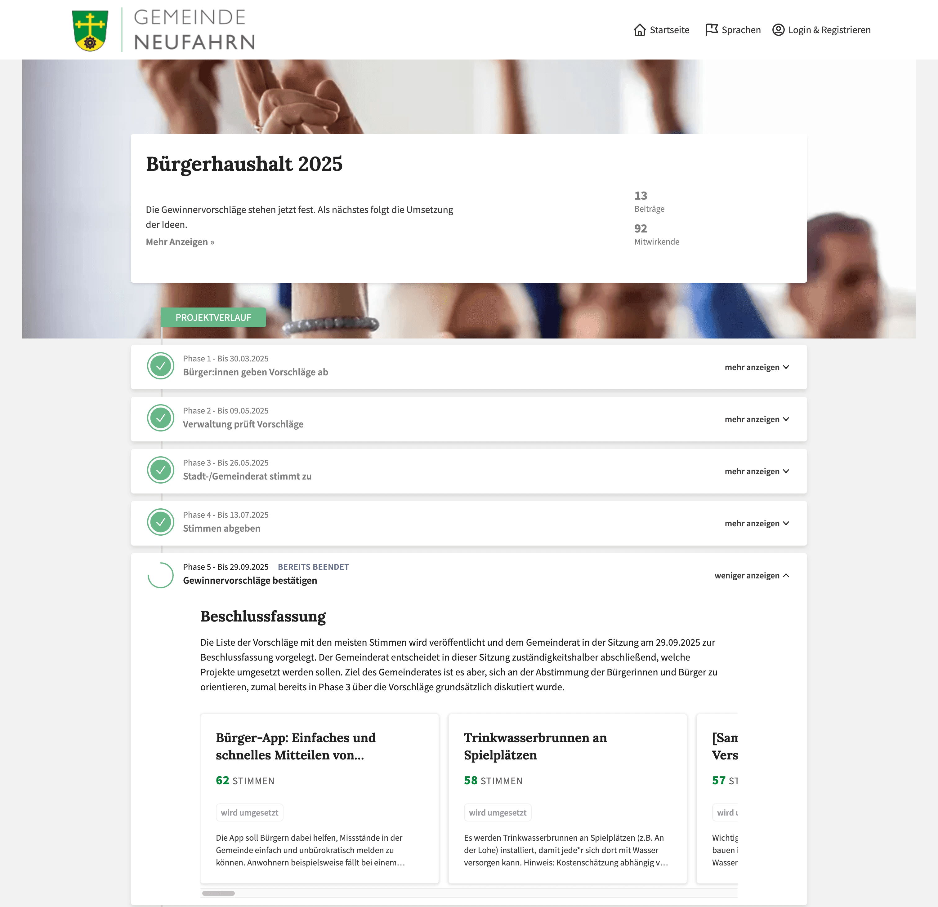 Screenshot der Beteiligungsplattform von Neufahrn