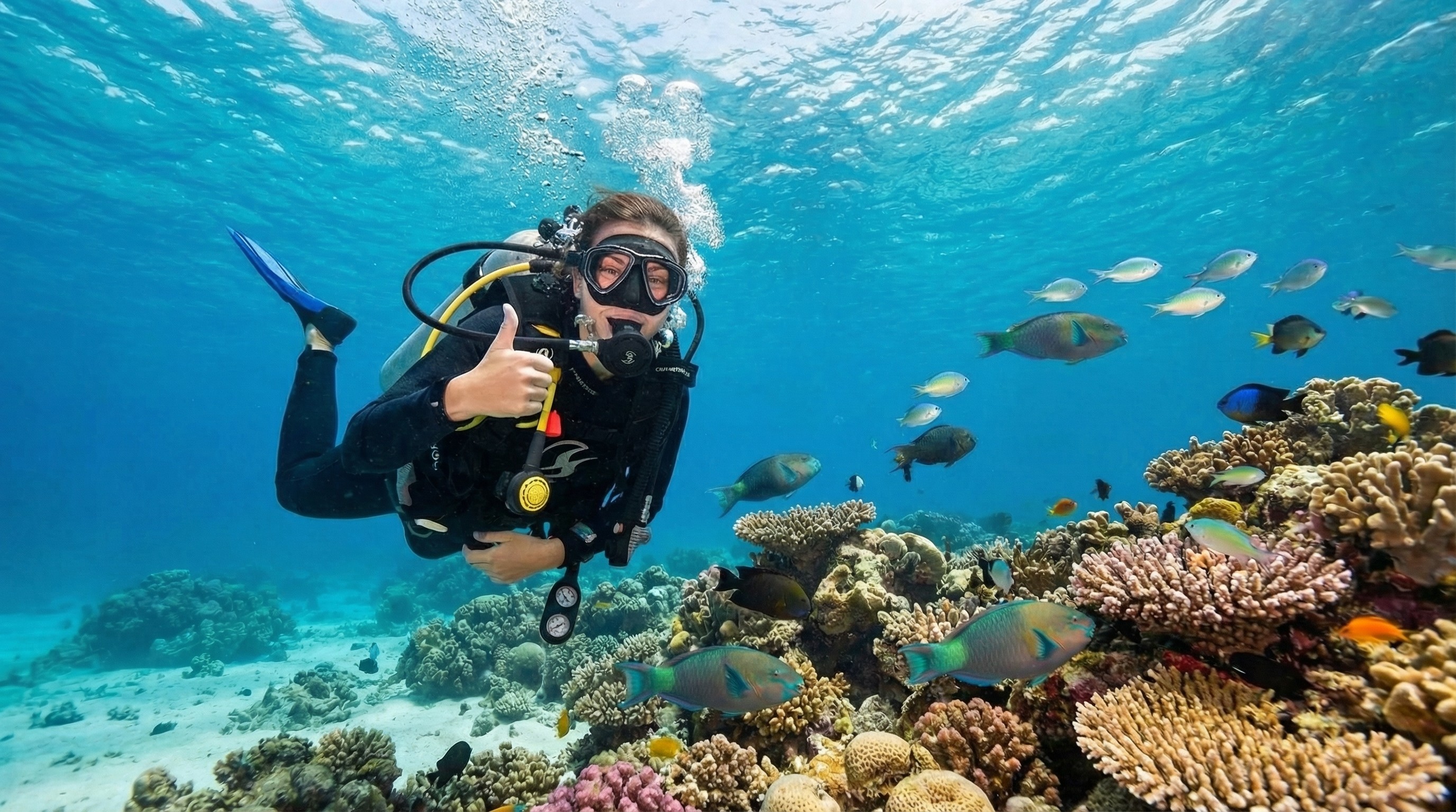 Scuba diver giving a thumbs up over a colorful coral reef with fish
