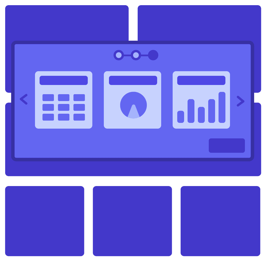 Alt text: A stylized dashboard interface showing three widgets — a calculator grid, a circular gauge, and a bar chart — within a rectangular frame and navigation arrows, representing customizable data or analytics panels.