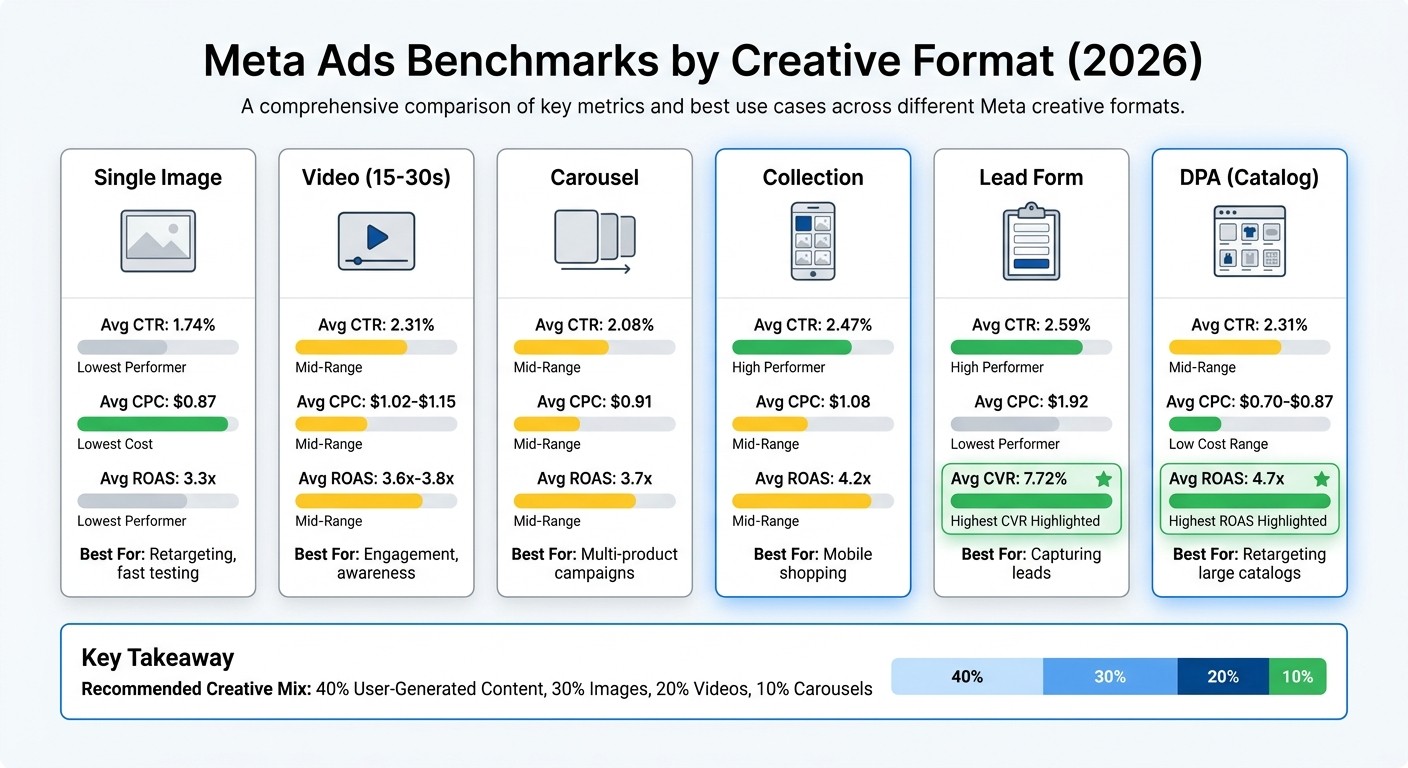 Meta Ads Performance Benchmarks by Format 2026: CTR, CPC, ROAS Comparison
