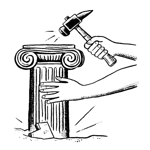 Illustration of hands sculpting a classical column with a hammer, symbolizing craftsmanship, care, and commitment to precision in manufacturing.