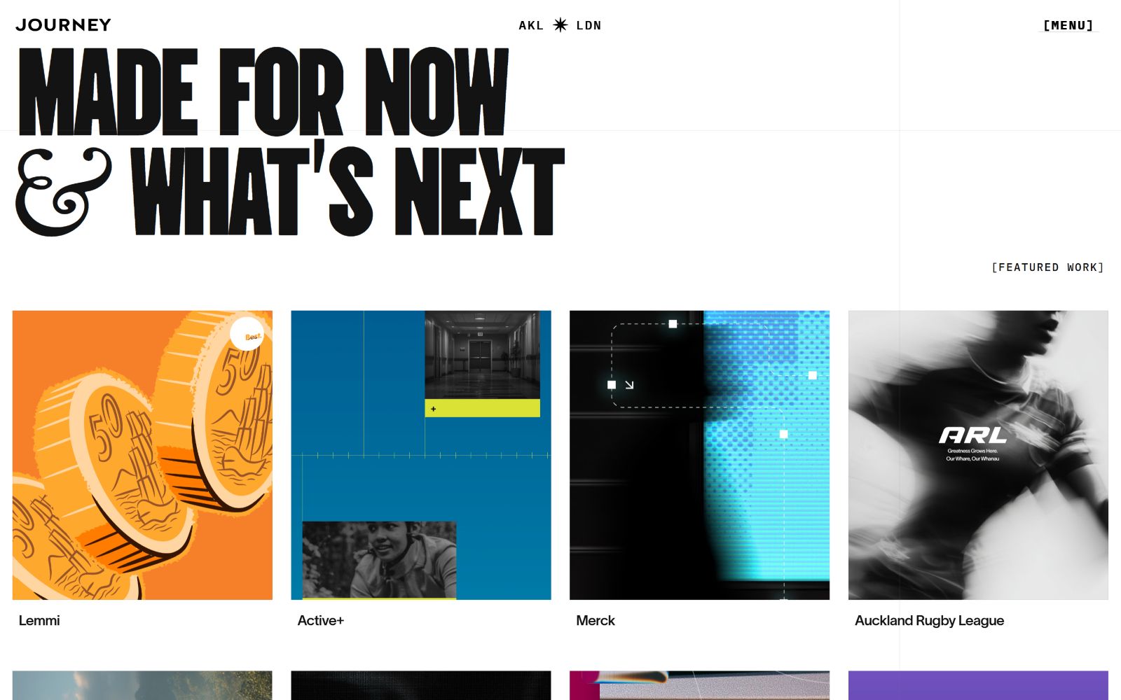 Bold text says "Made for Now & What's Next". Four colorful, artistic digital designs displayed below.