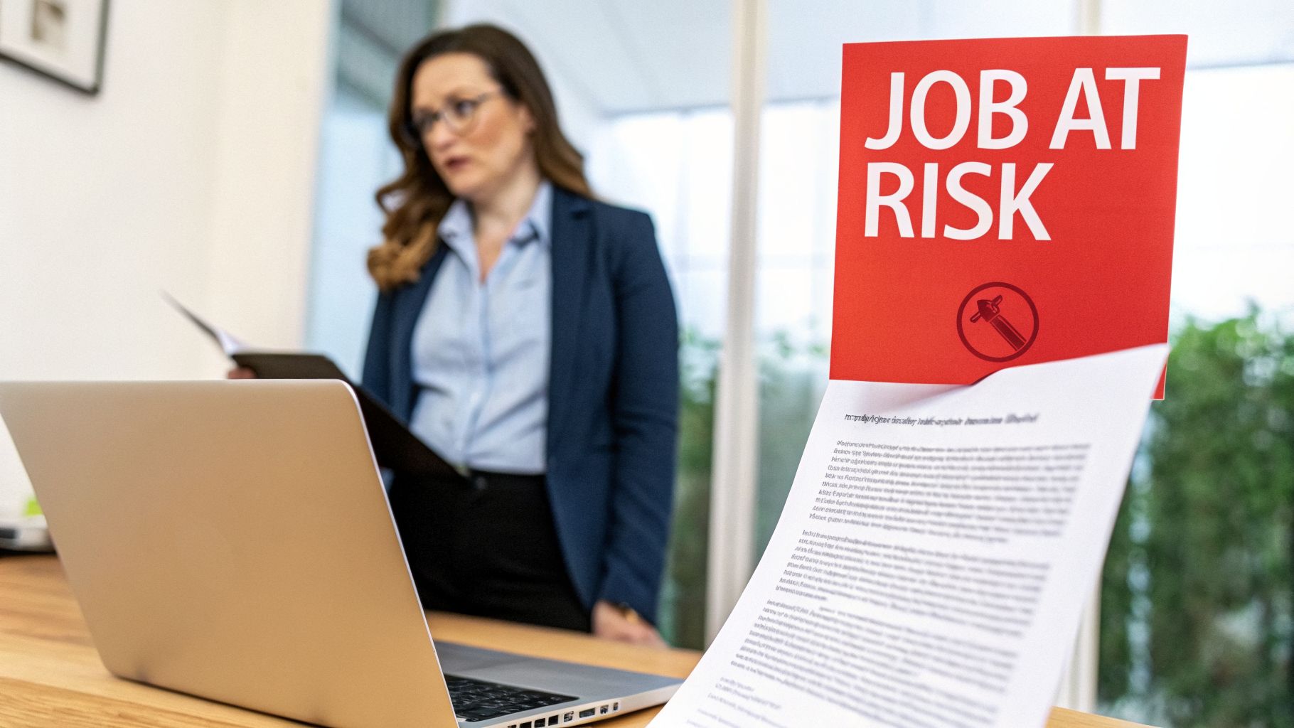 A businesswoman stands in an office, with a laptop and a red 'Job at Risk' sign on her desk.