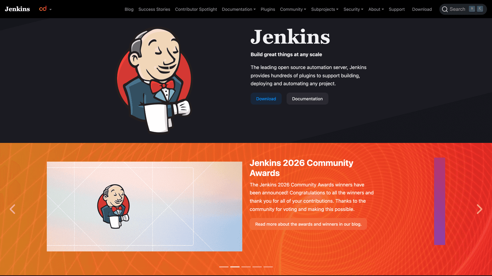 Jenkins homepage with the build great things at any scale hero