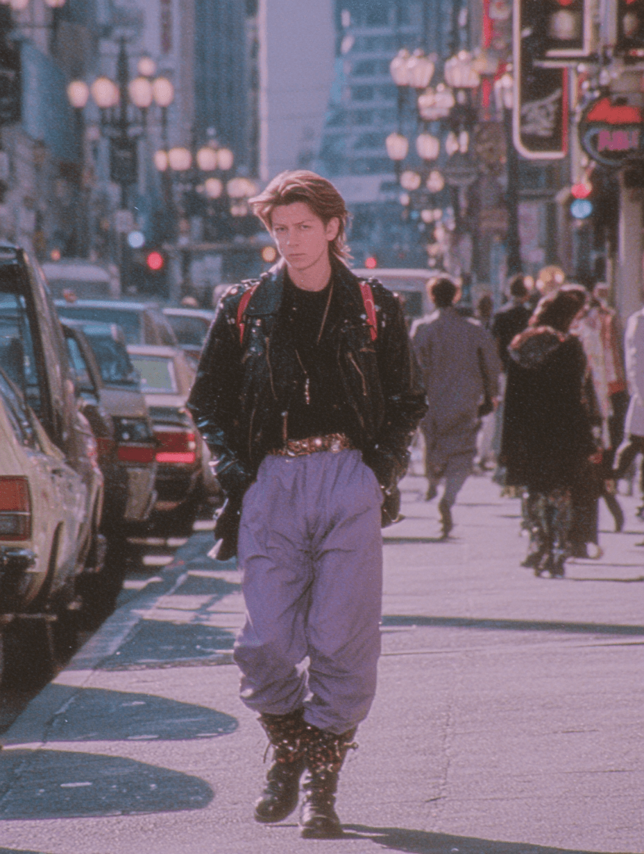 A stylish young man with layered hair walks confidently down a busy city street lined with cars and people. He wears a black leather jacket, loose lavender pants, combat boots, and a studded belt, channeling a rebellious 80s–90s street style vibe with cinematic lighting and urban grit.