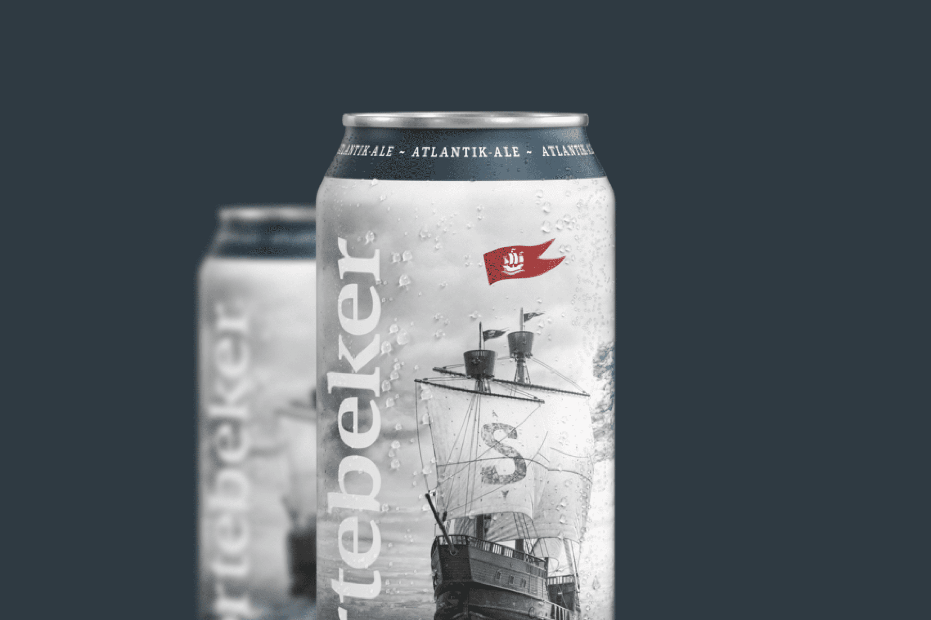 Beer can with ship illustration and condensation