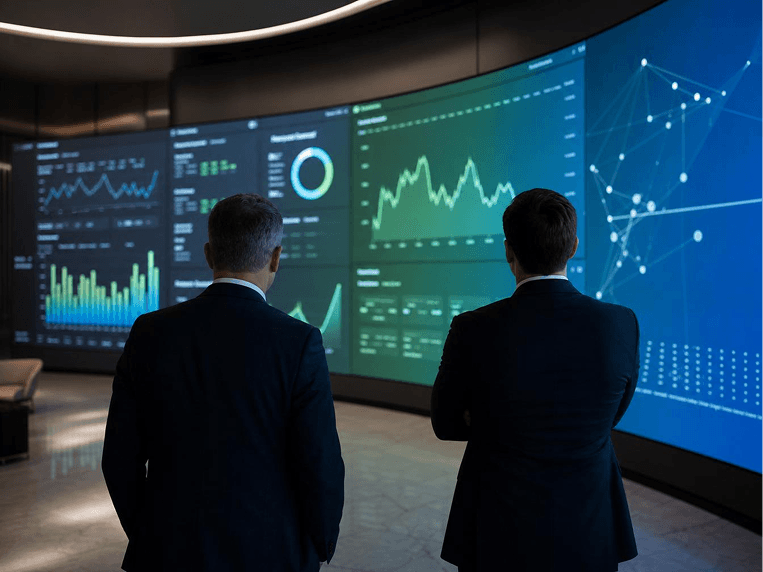 Executives reviewing AI-powered banking analytics on a large curved display