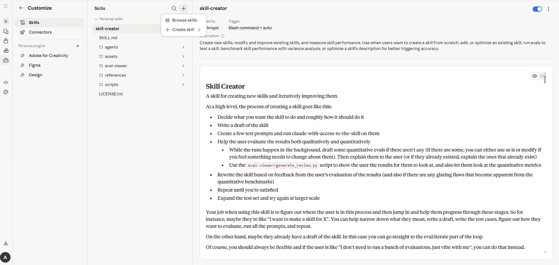 Image caption: Open Customize, go to Skills, then click the plus button at the top to create a new skill.