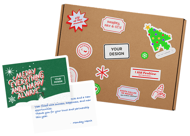 A gift box with festive designs and cards
