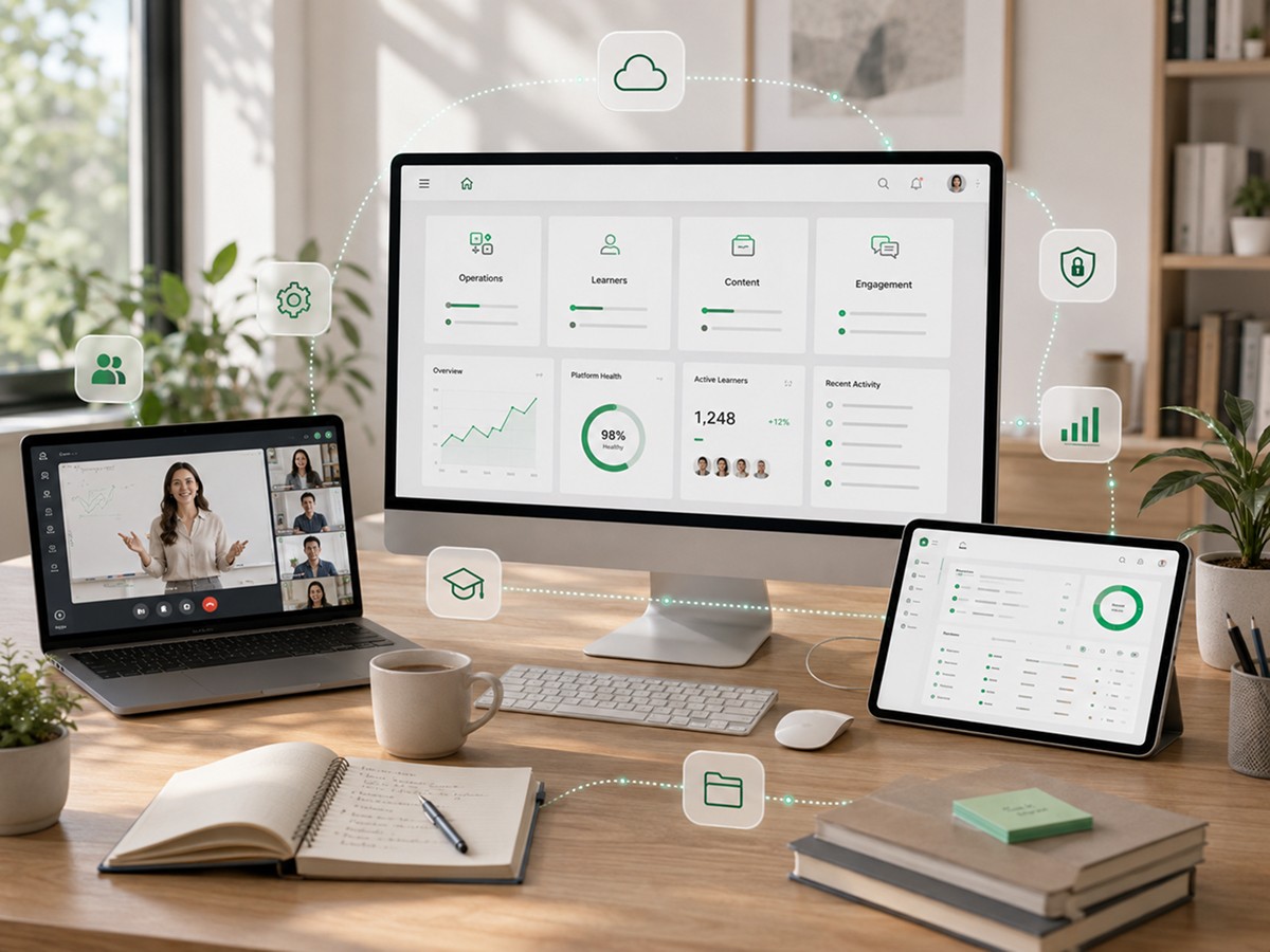 An integrated education platform dashboard showing operations, learners,  content, and engagement unified in one system, with 98% platform health  and 1,248 active learners across connected devices