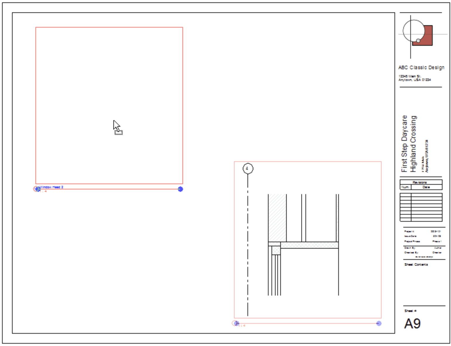 Revit sheet displaying a placed building view inside a viewport.