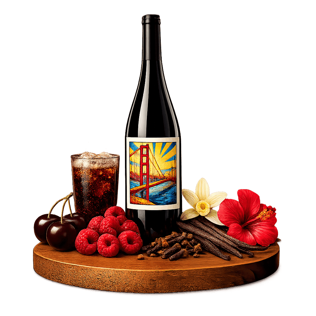 Artistic label and flavor profile for Californian Pinot Noir on a rustic wooden table.