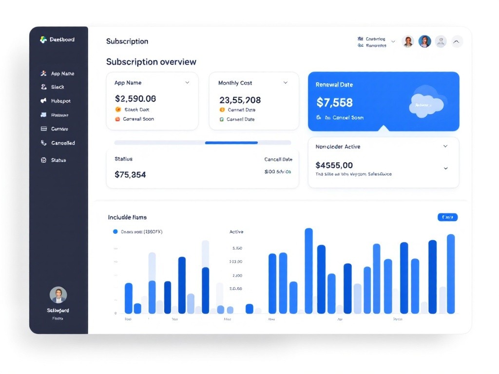 Dashboard showing subscription overview, including app name, monthly cost, renewal date, and non-customer active status.