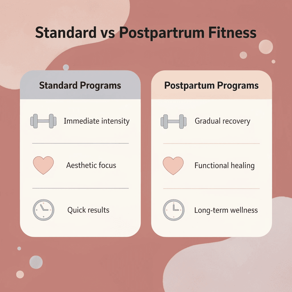 Comparison chart showing differences between standard and postpartum fitness programs
