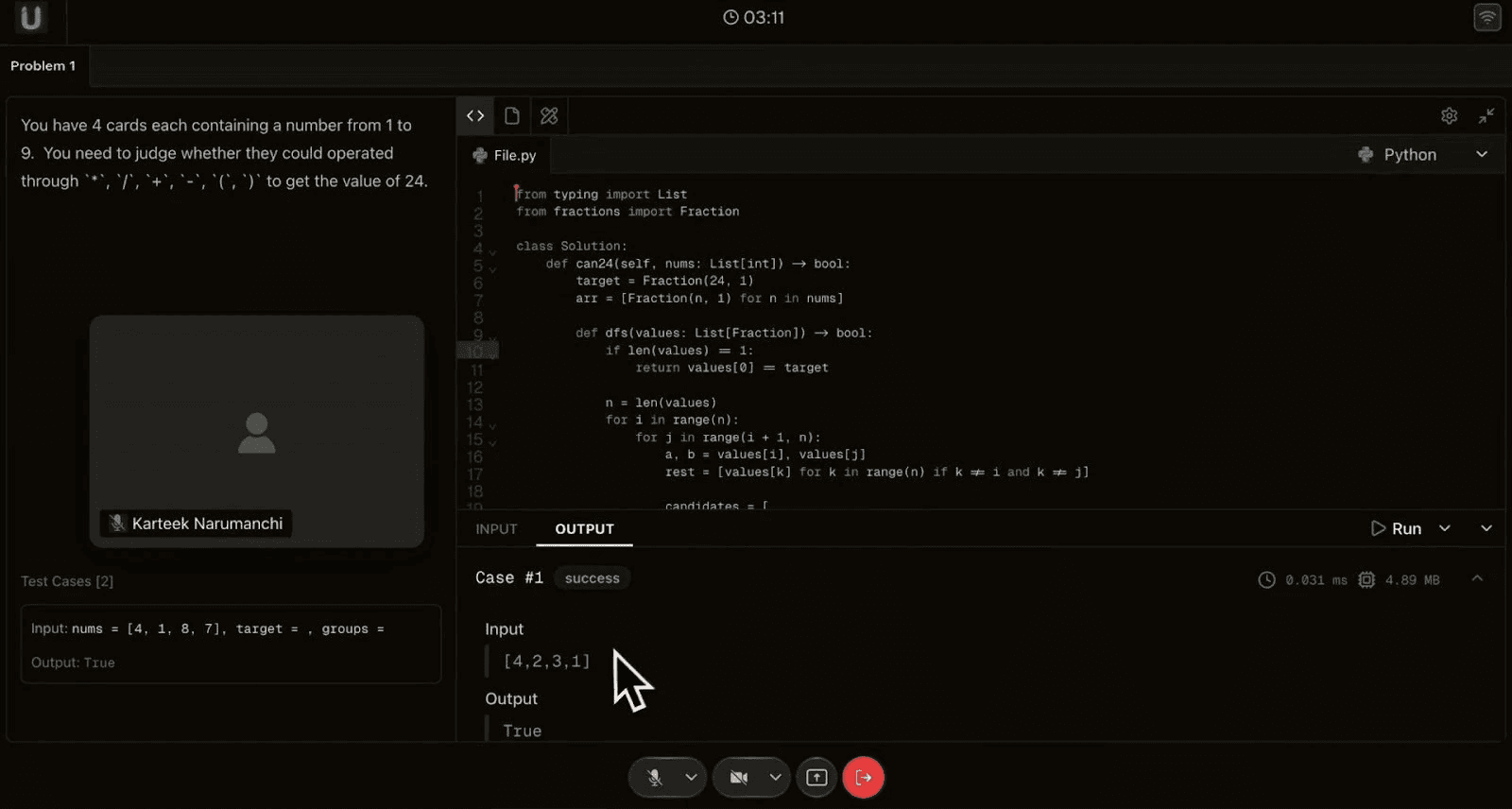 Code editor with problem and test cases