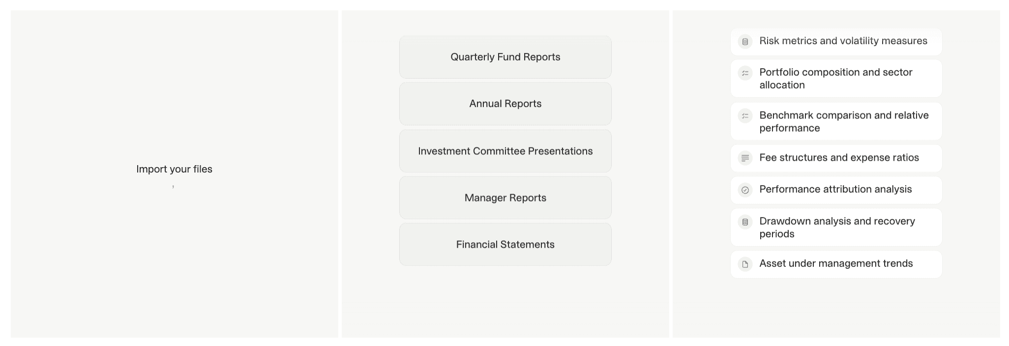 Three-column interface displaying file import options on the left, document categories such as quarterly and annual reports in the center, and extracted analytics options on the right, including risk metrics, sector allocation, fees, attribution, drawdowns, and AUM trends.