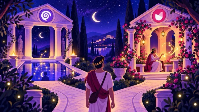 Seauton vs Rosebud comparison: a traveler at a crossroads between a moonlit temple with a reflecting pool under the Seauton logo and a rose pavilion with a speaking figure under the Rosebud logo.