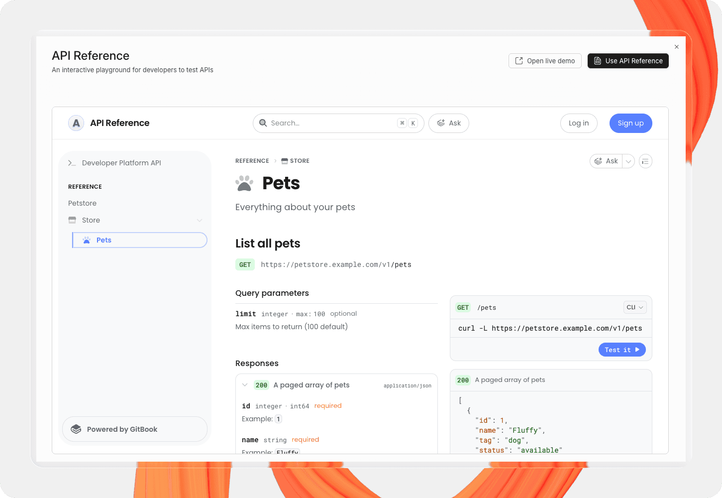 A screenshot showing API template in GitBook