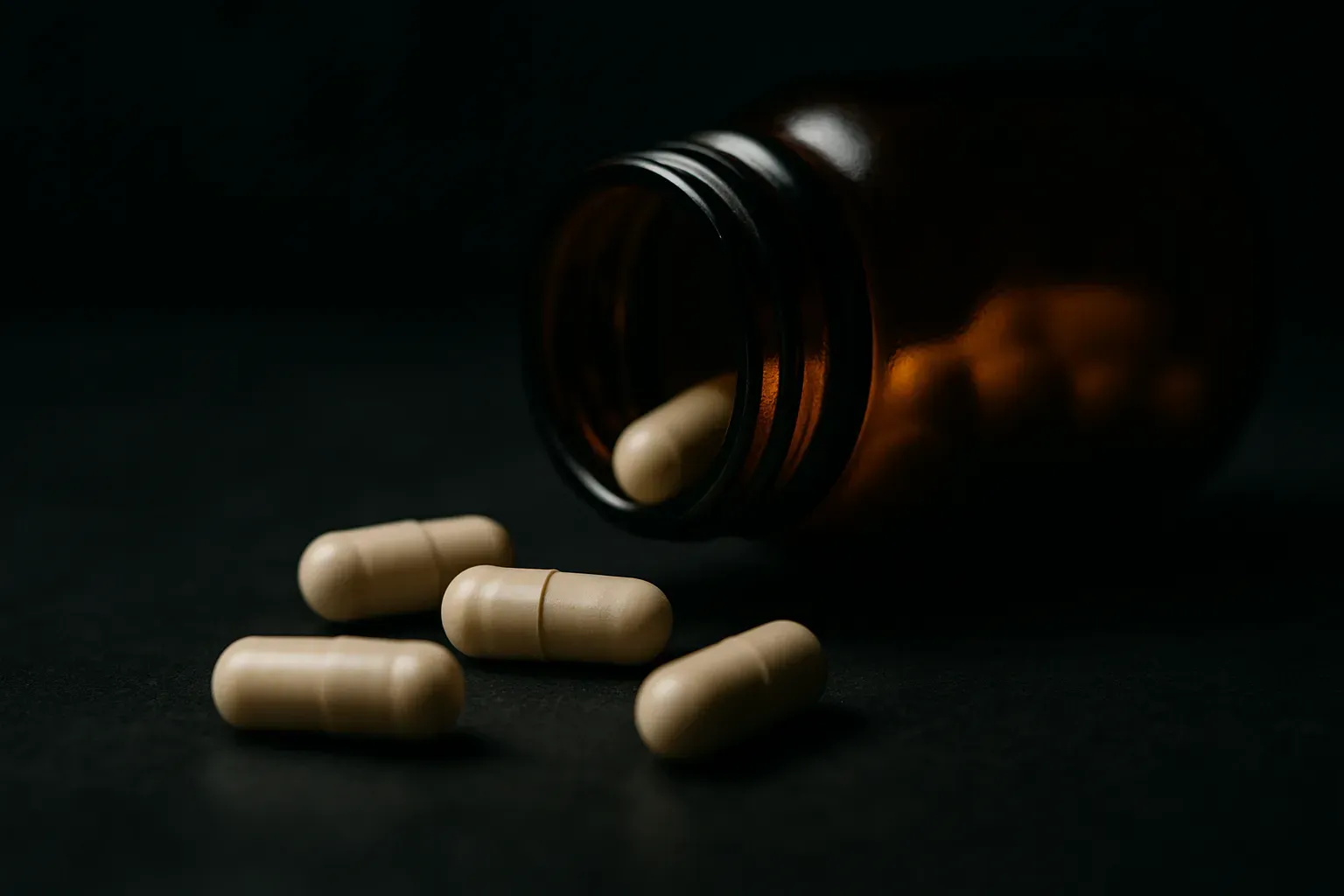 Serrapeptase - Amber bottle spilling Serrapeptase capsules on a dark surface