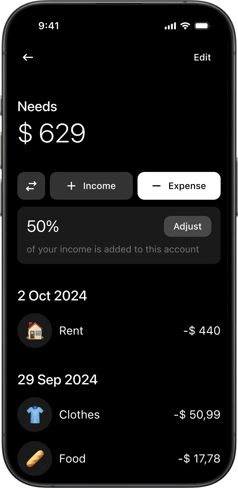 Detailed account screen in the Wudget budgeting app showing transactions, balance, and income proportion settings.