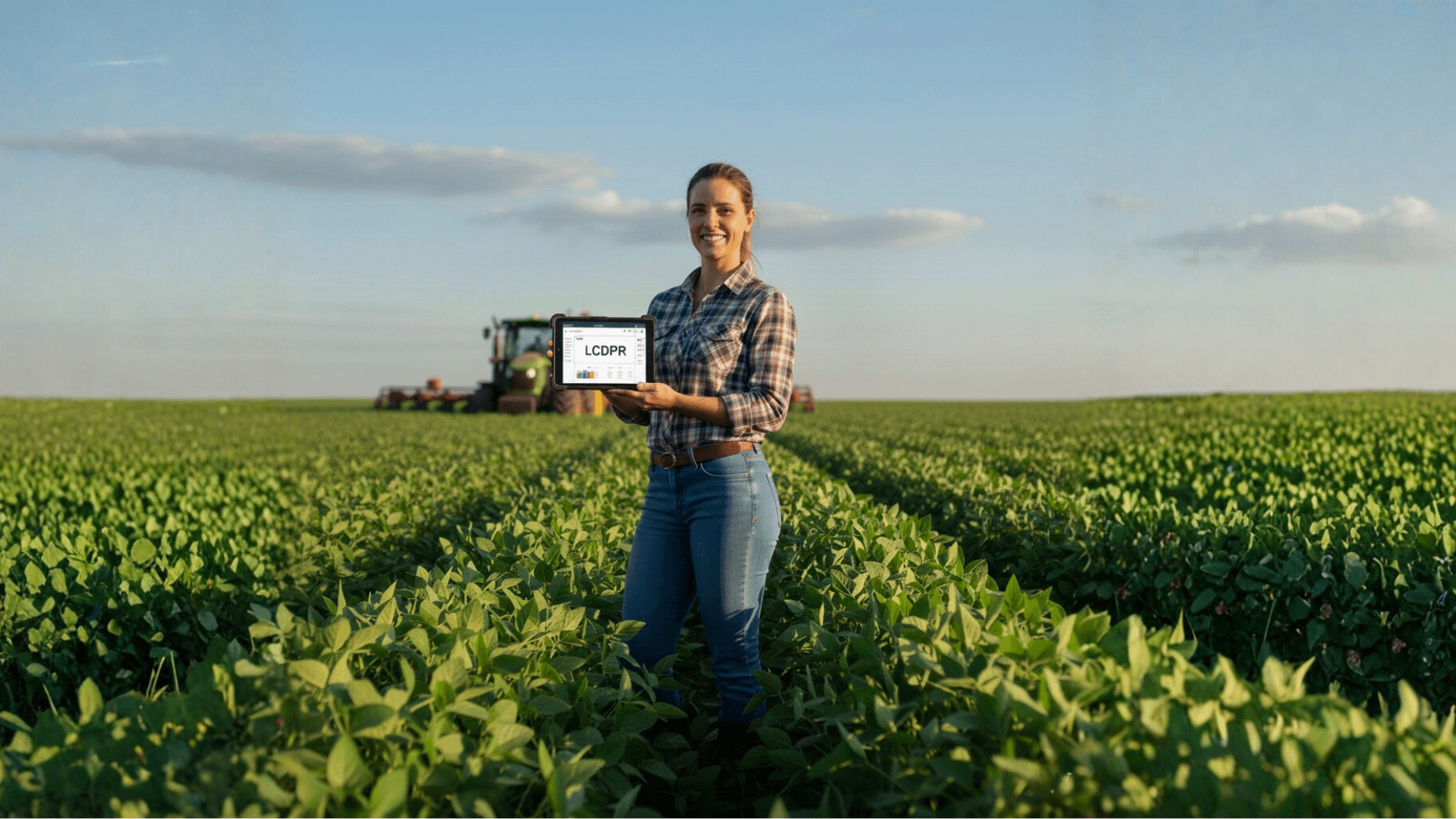 Produtora rural em plantação de soja segurando tablet com LCDPR. Gestão agrícola tecnológica no campo e contabilidade agro.
