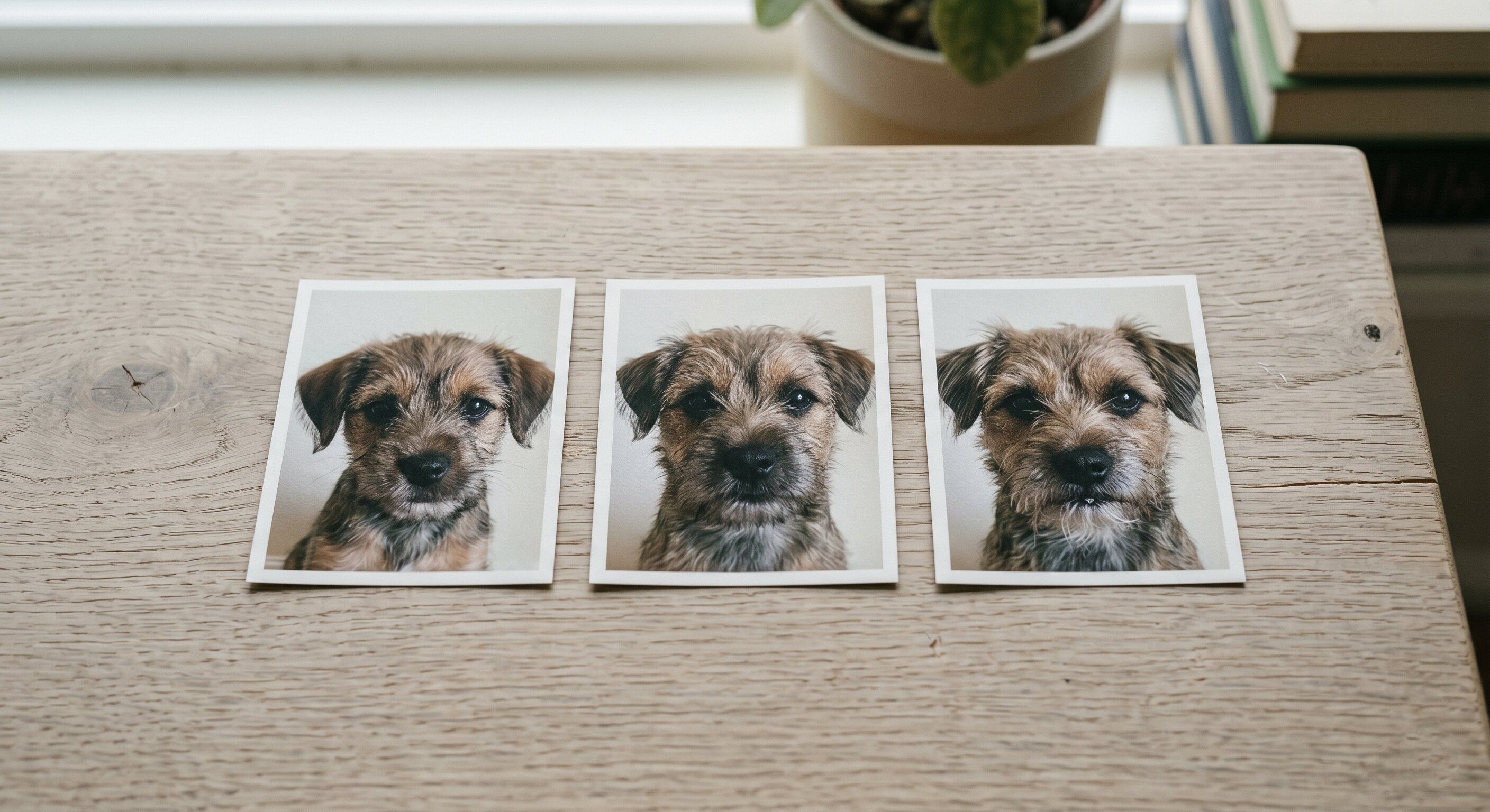 Three phone-camera photos of the same small dog’s face arranged side by side on a wooden surface in soft daylight, taken at one-month intervals — illustrating the photo-comparison practice in detail.