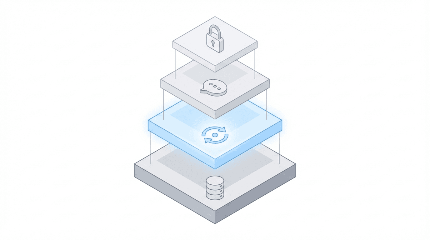 Layered technology stack visualization showing CMS, ERE monitoring, communication, and security layers for virtual SSD practice