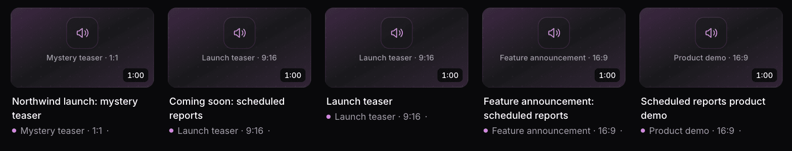 Five launch videos in the content library: mystery teaser, coming soon, launch teaser, feature announcement and product demo