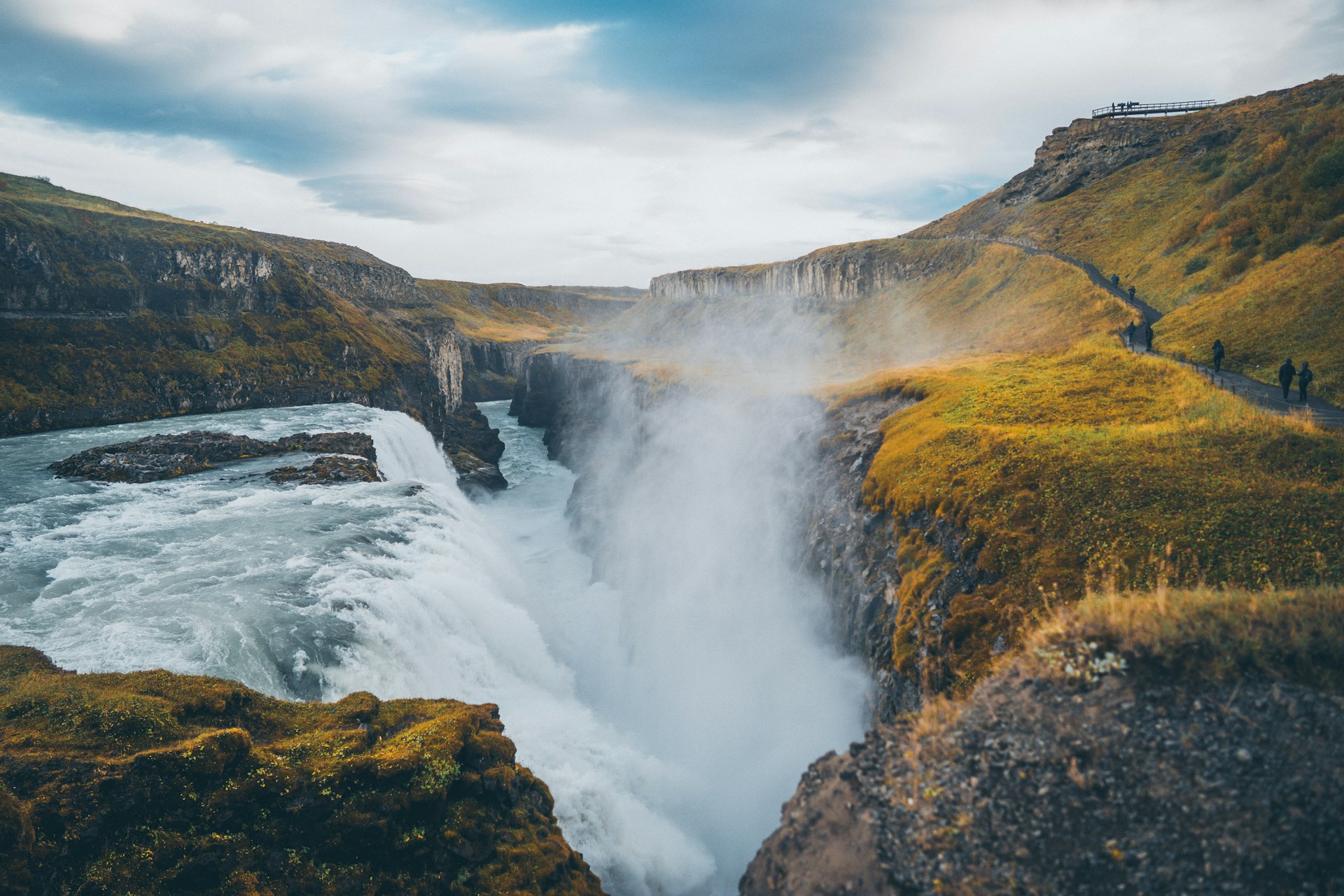 Gullfoss Waterfall in the Golden Circle, Iceland, cascading through a dramatic canyon.