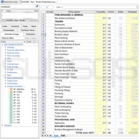 screenshot of CostX summary level with building elements and blurred pricing by SubsQS Ltd