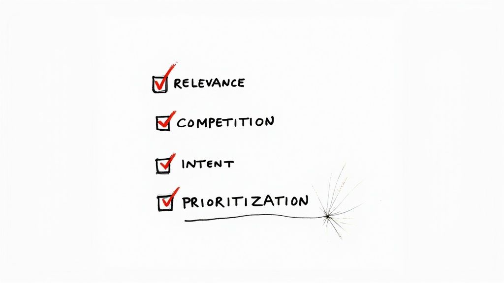 A person at a desk using a laptop with charts and a checklist visible on the screen, symbolizing the evaluation and prioritization of keywords.
