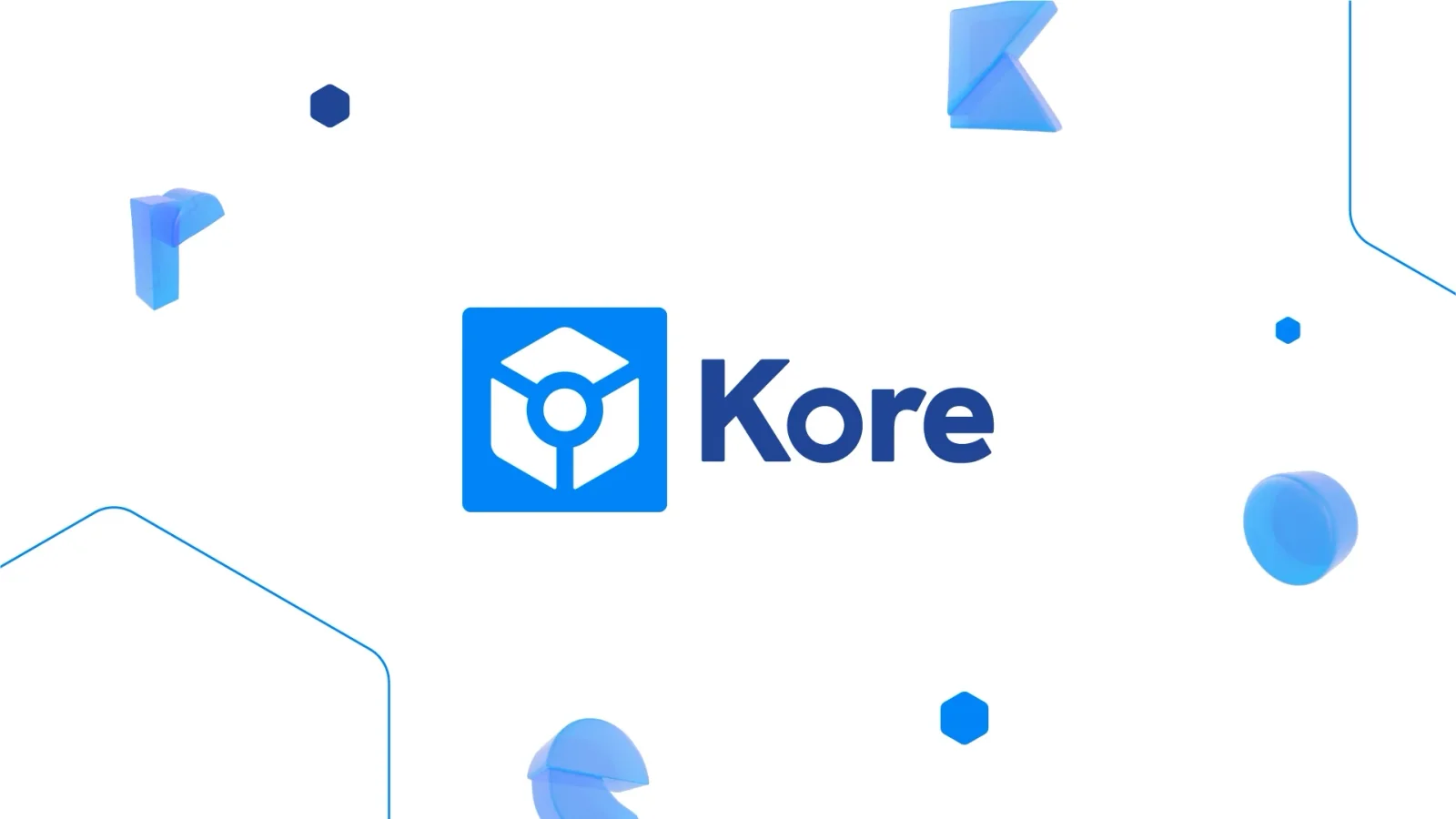 The Kore logo in blue and navy, the icon inside a rounded blue square, with translucent 3D shapes floating around it.