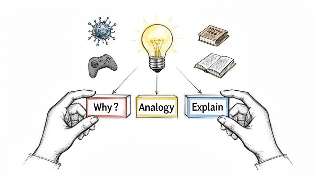 Illustration shows a glowing lightbulb connected to 'Why?', 'Analogy', 'Explain' boxes, representing effective learning strategies.