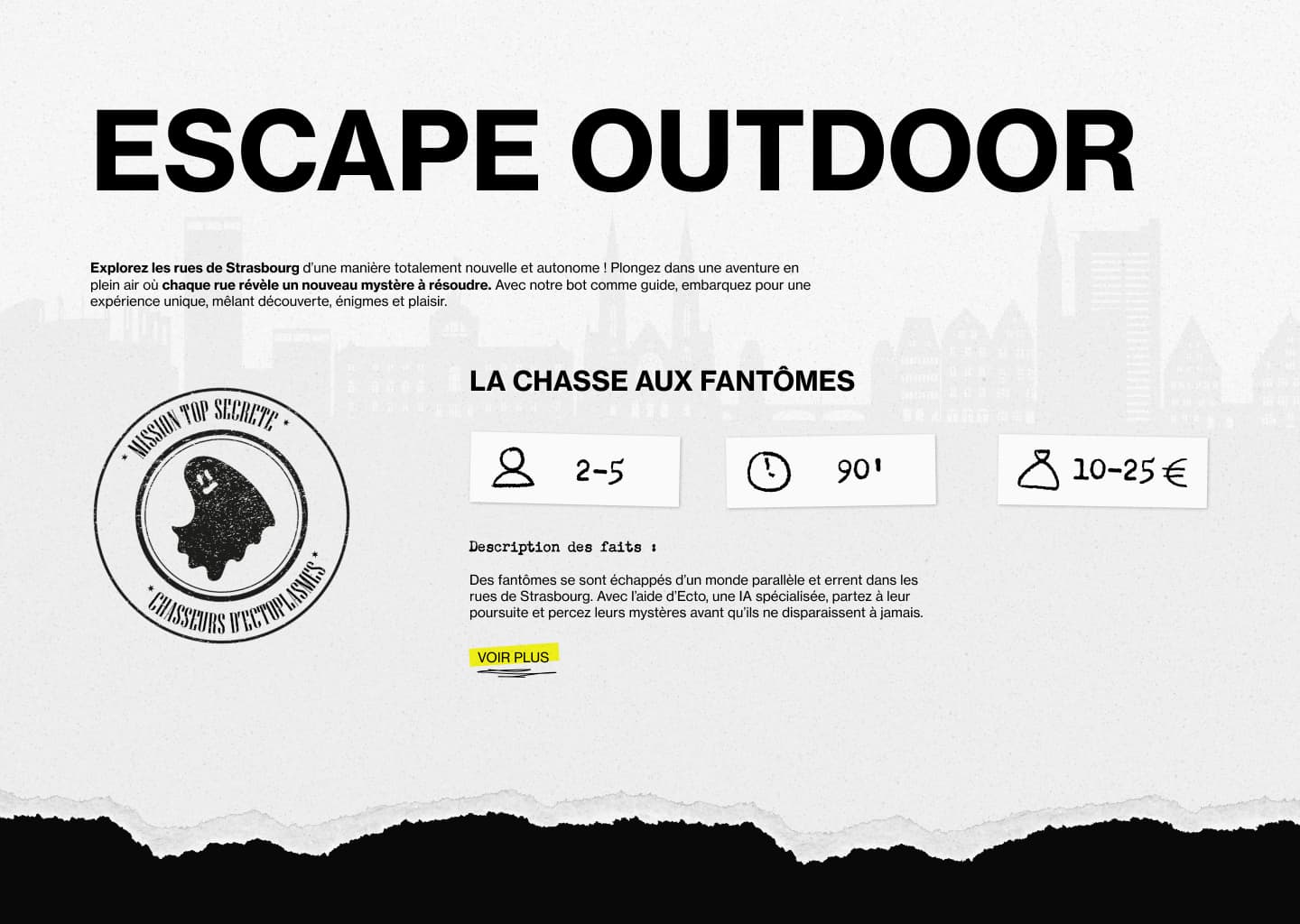Section de présentation de l'escape game d'extérieur.