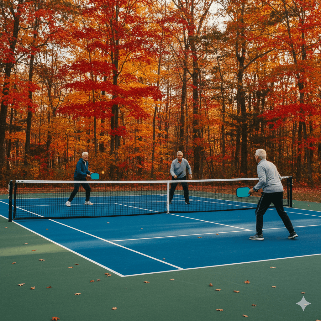 Quatre personnes jouant au pickleball sur un terrain extérieur entouré d’arbres en automne.