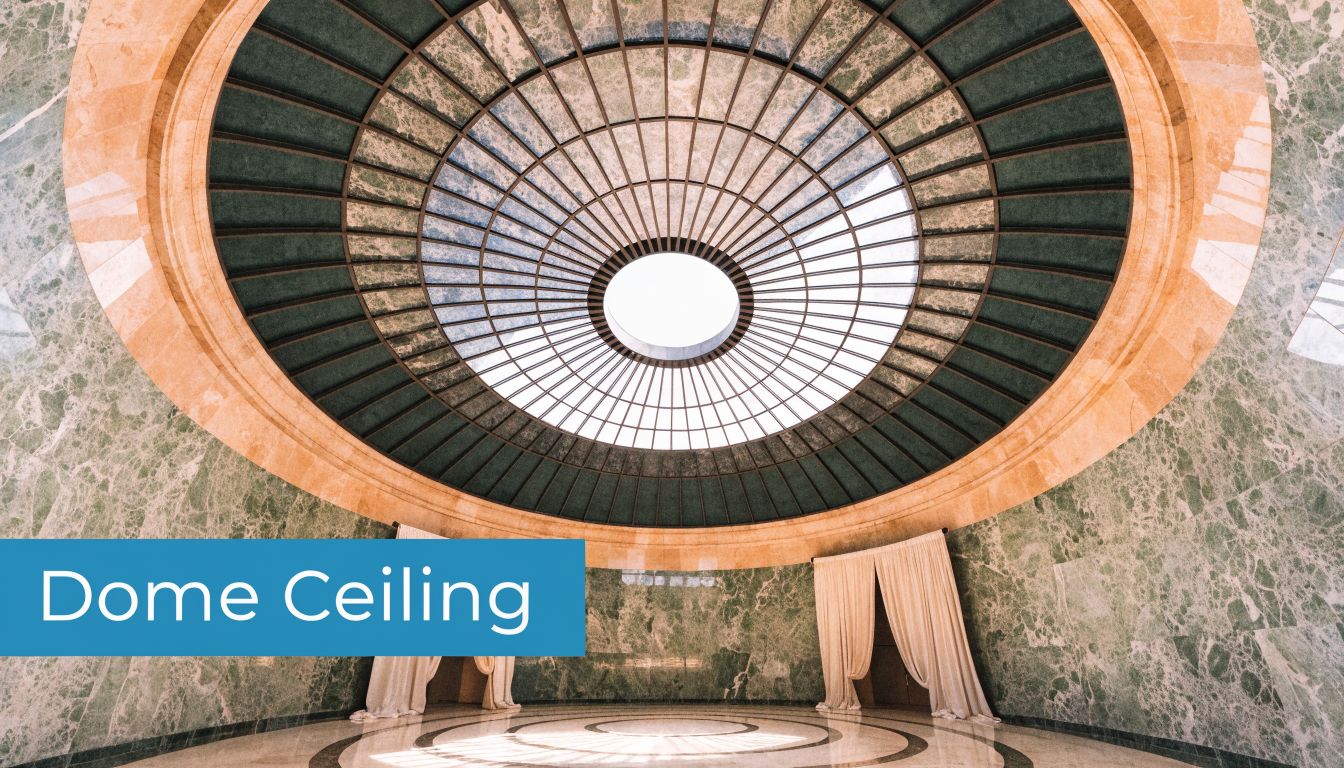 A wide angle view of an elegant rotunda room with a circular glass dome ceiling design.