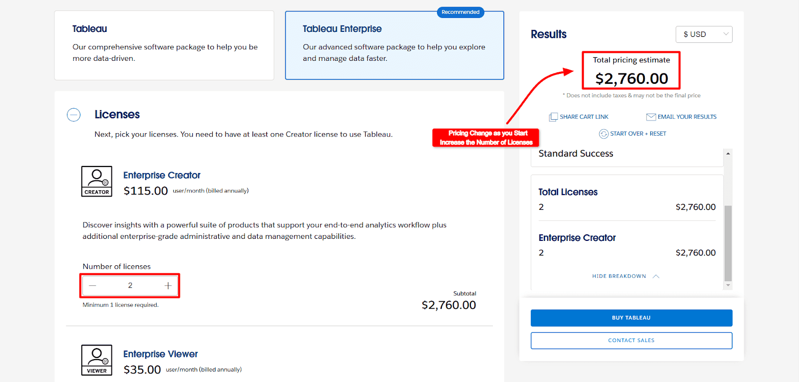 Tableau Added Pricing