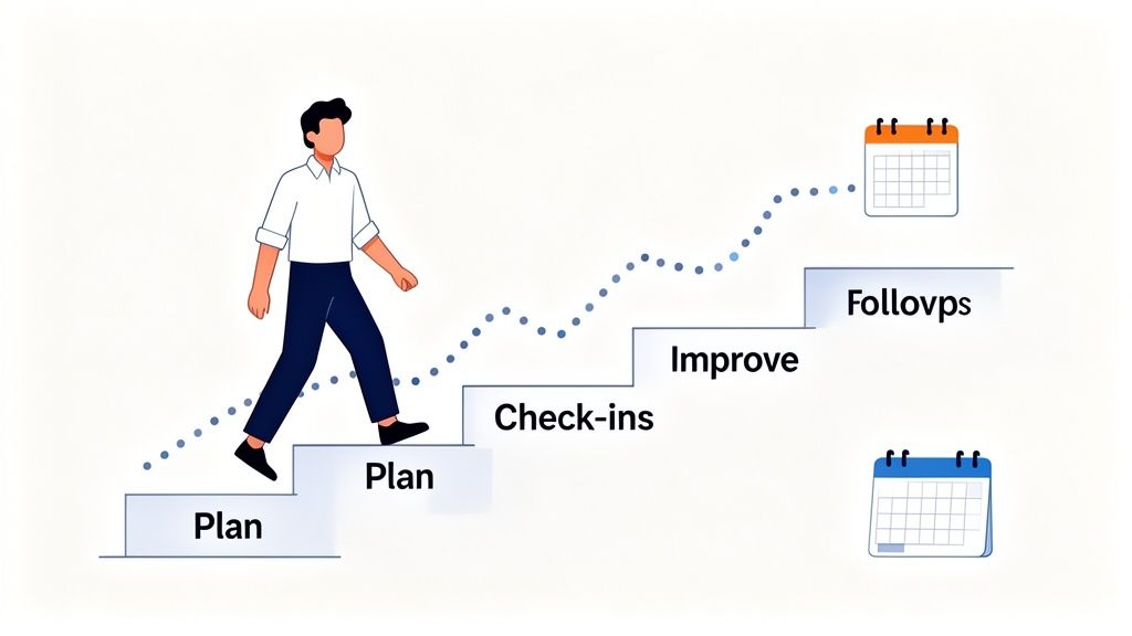 A man walks up steps illustrating a work process: Plan, Check-ins, Improve, Follow-ups, with calendars.