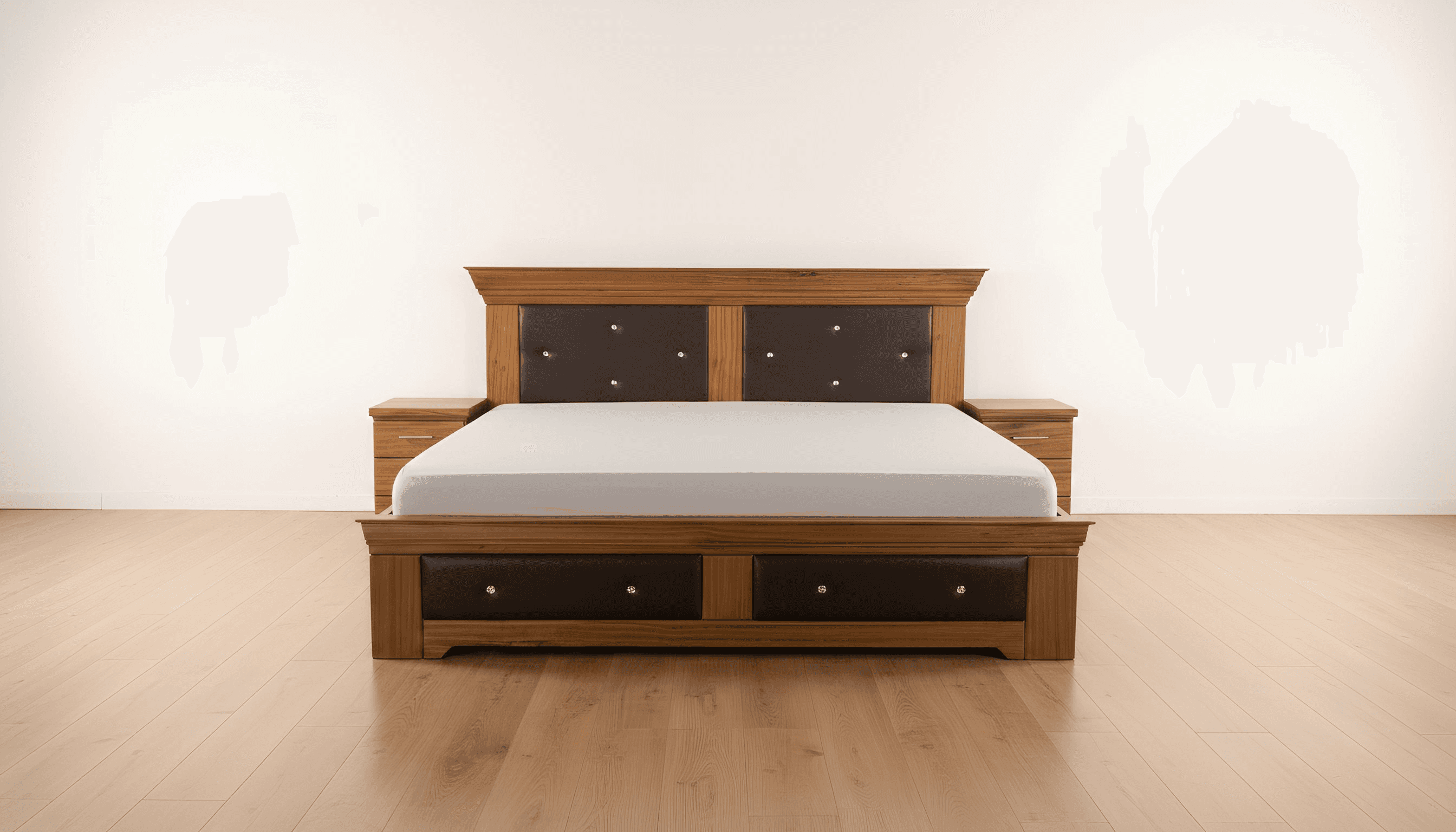 a gray couch with a wooden base on a gray background