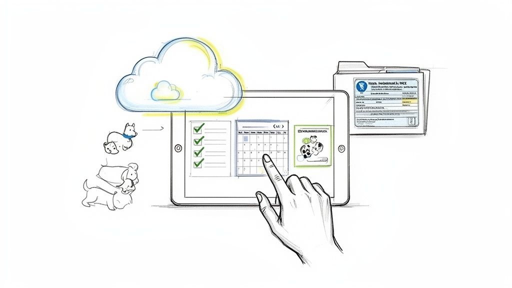 Hand interacting with a tablet displaying digital veterinary records, calendar, and a cloud icon with dogs.