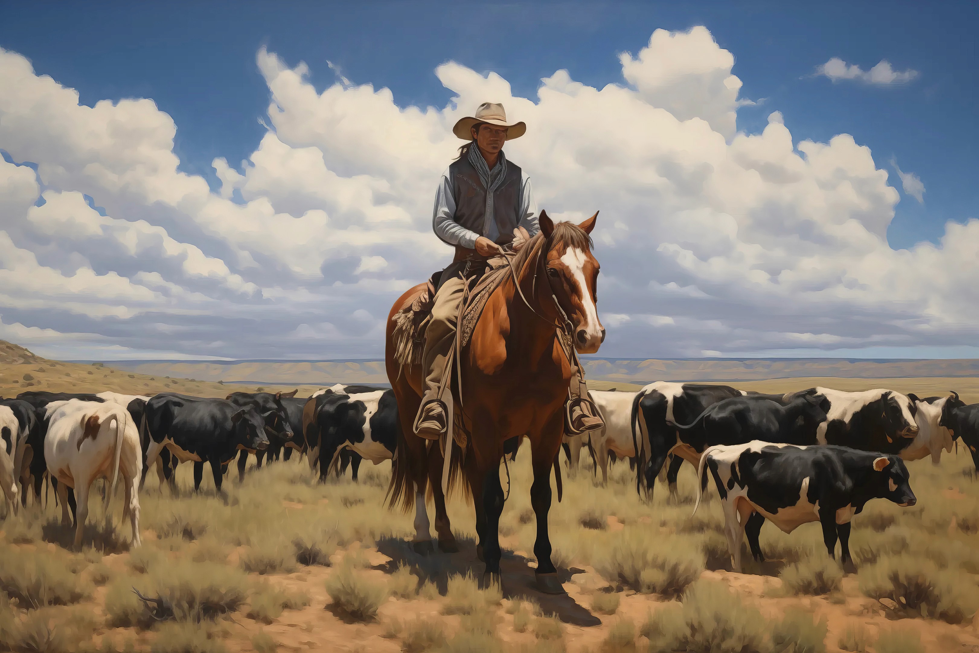 Folk Fable AI cowboy painting herding cow print