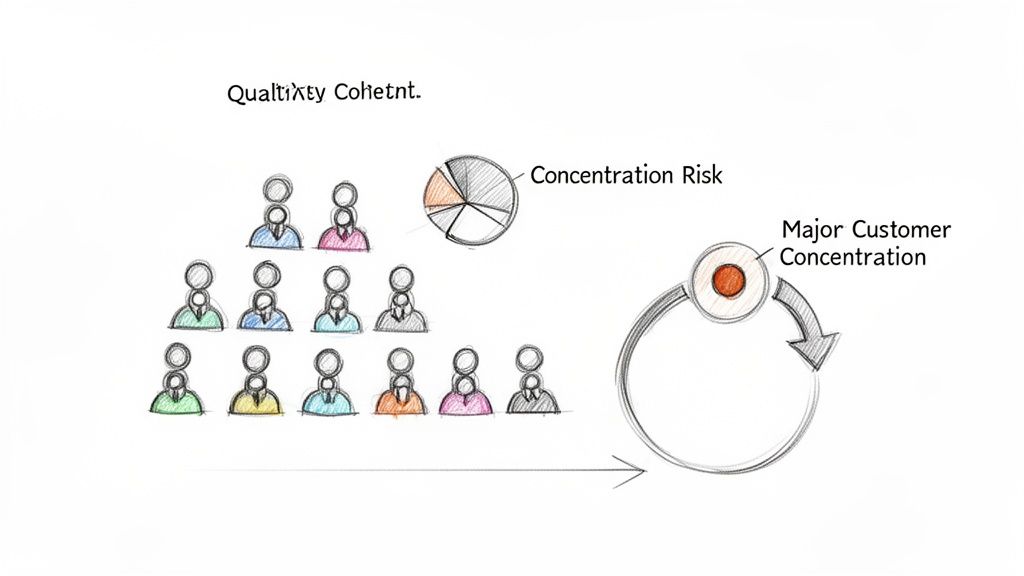 A sketch illustrating customer concentration risk, with diverse client icons, a pie chart, and a major customer concentration symbol.