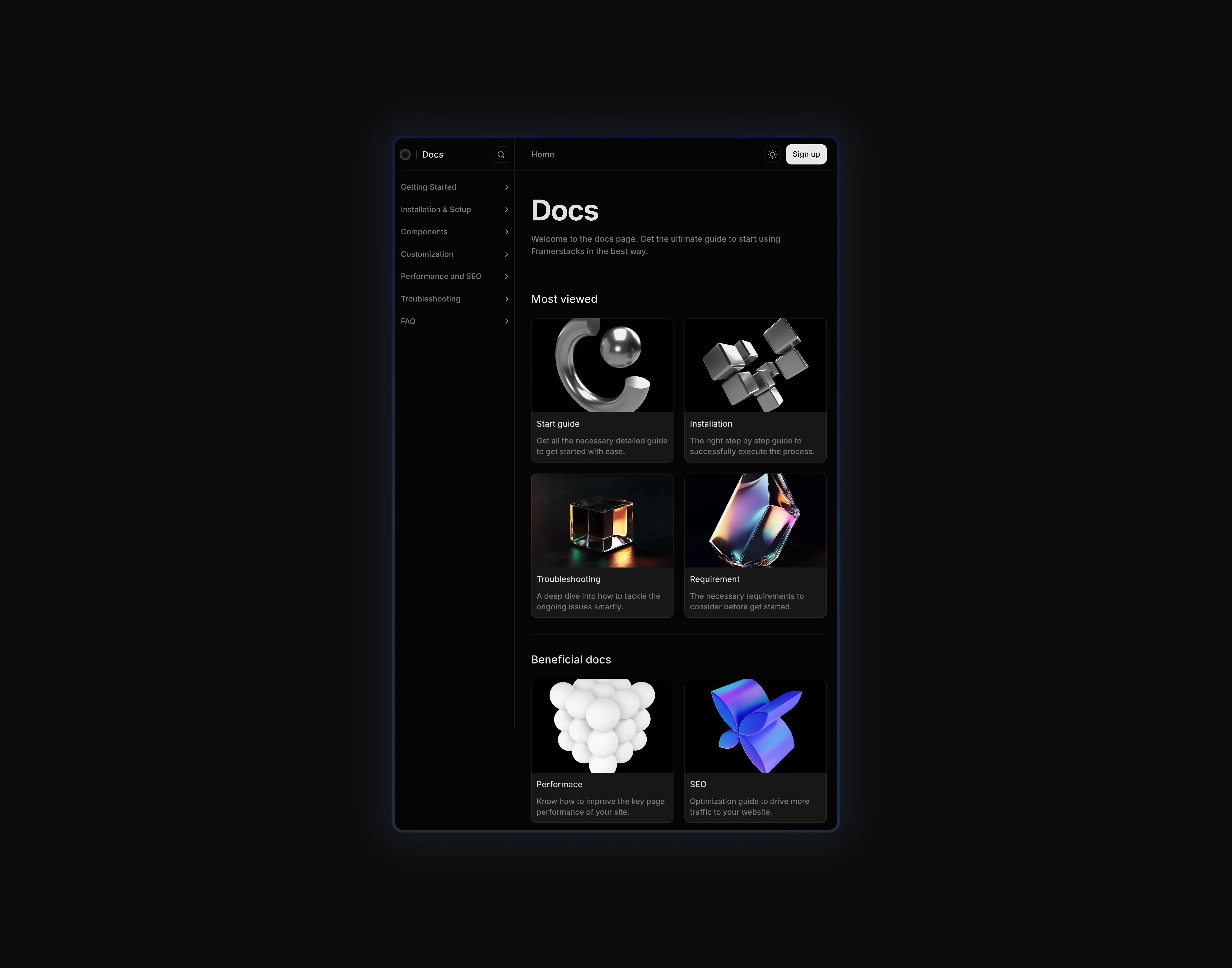 A dark themed cms documentation collection page UI, optimized for tablet devices